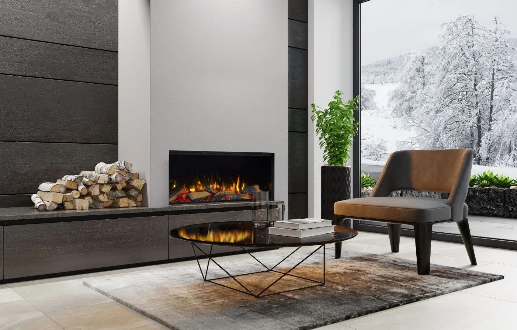 Winterse setting vanuit de woonkamer met elektrische haard in de wand van een woonkamer